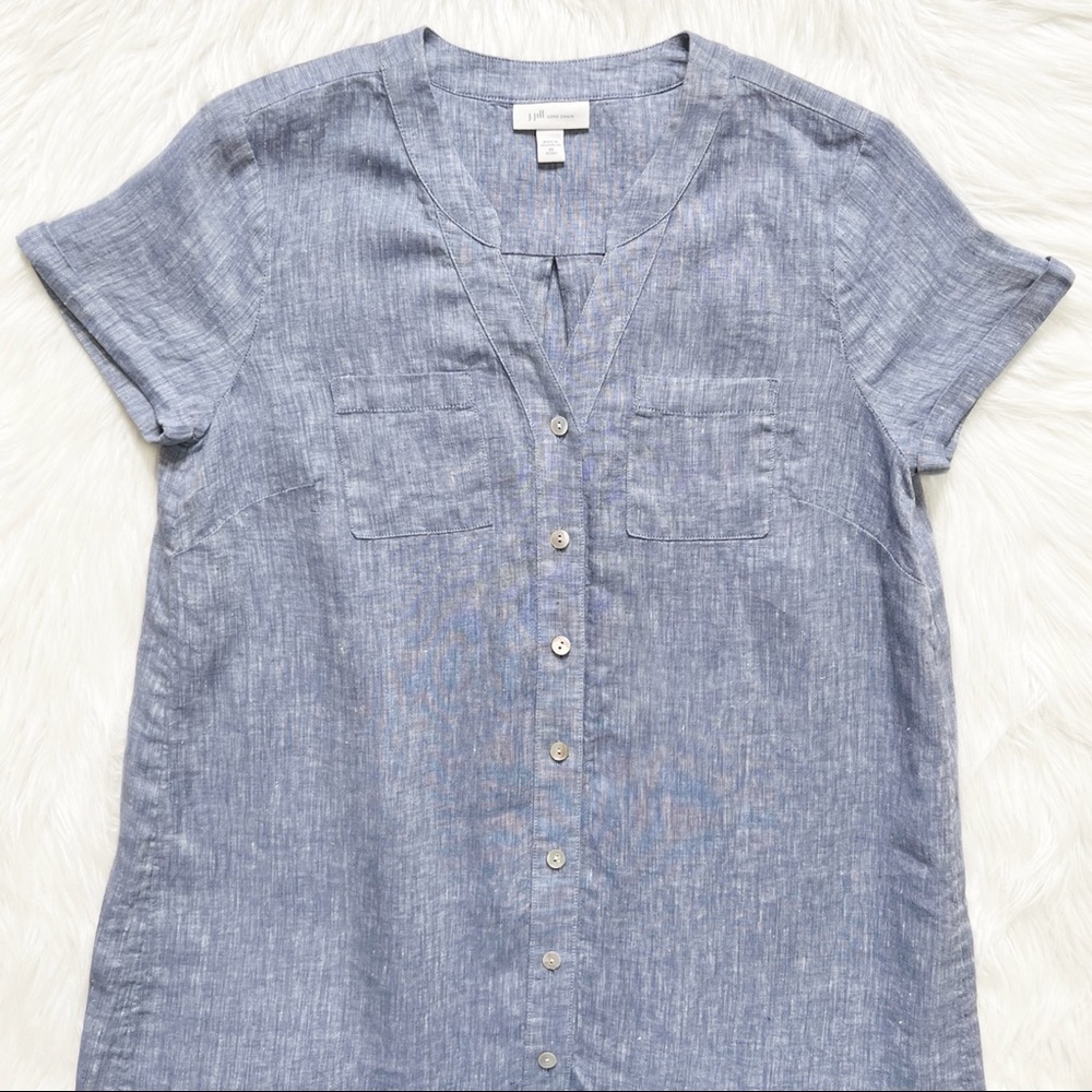 SOLD-J. Jill Blue Chambray Linen Short Sleeve Midi Shirtdress - Picture 6 of 9